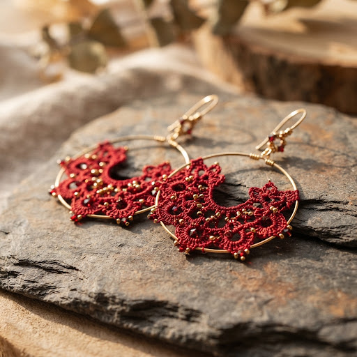 Boucles d’Oreilles Créoles Dentelle Rubis